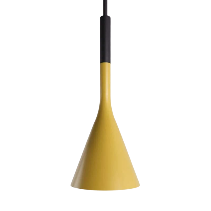 Yellow pendant light with black fixture on a white background