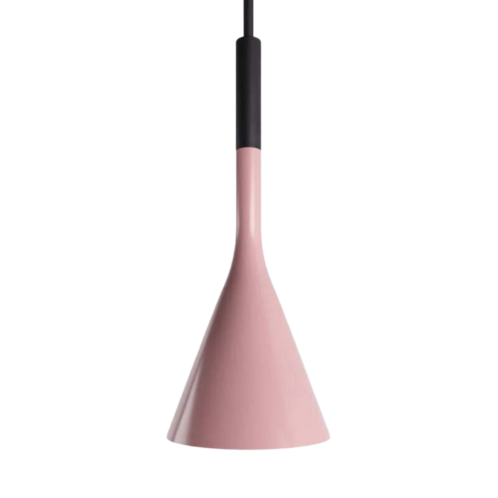 Pink pendant light with black fixture on a white background