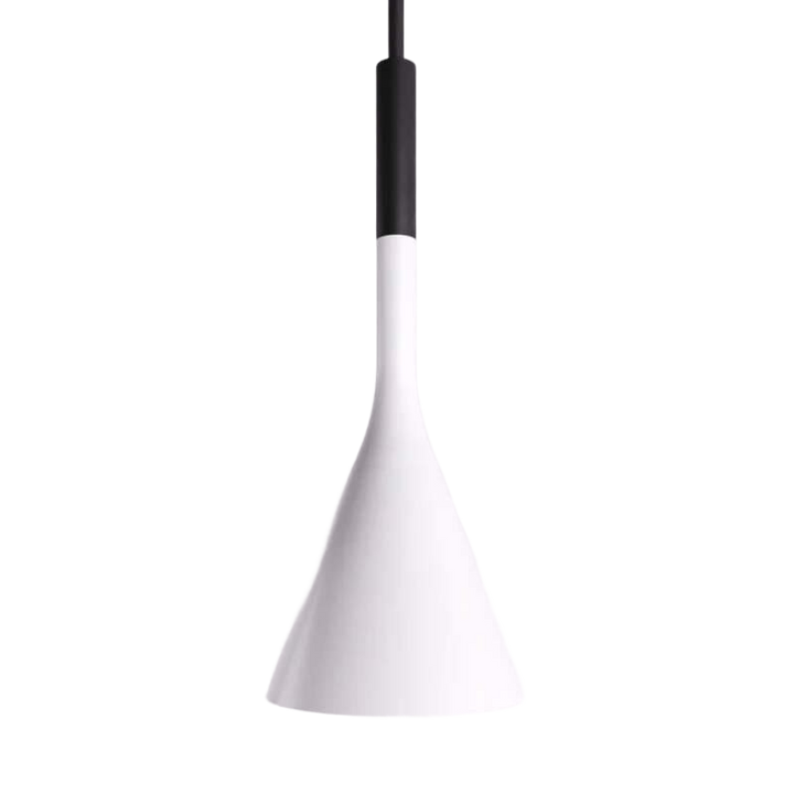 White pendant light with black fixture on a white background