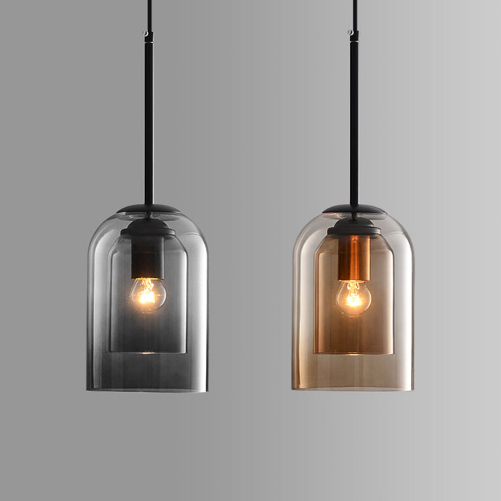 Black and amber glass pendant lights with mid-century design