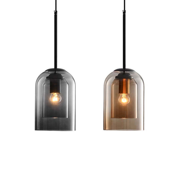 Two pendant lights with smoked glass shades on a white background