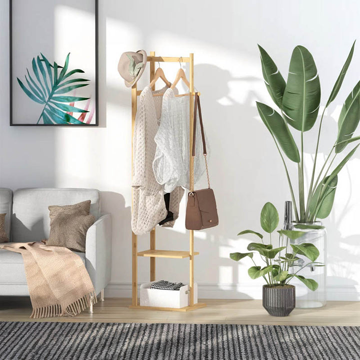 Slim bamboo coat stand with stable base, Scandi-style organiser for uk living room