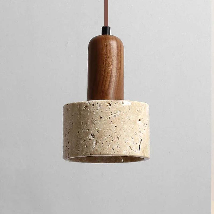 Natural Stone Pendant light with wooden top and concrete base on a gray background