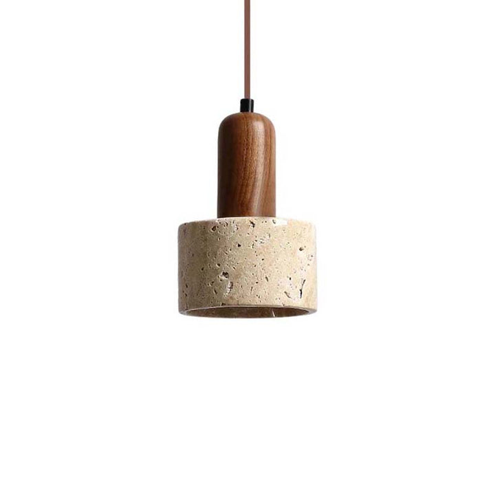Pendant light with wooden top and concrete base on a white background