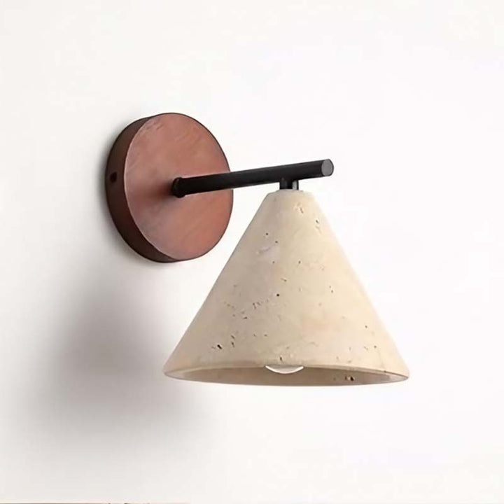 Wall-mounted lamp with a cone-shaped beige shade and wooden base on a white wall.