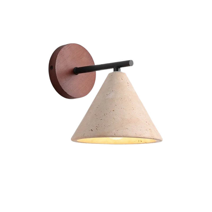 Natural travertine stone wall sconce with conical shade and wooden base, Japandi-style indoor LED light fixture.