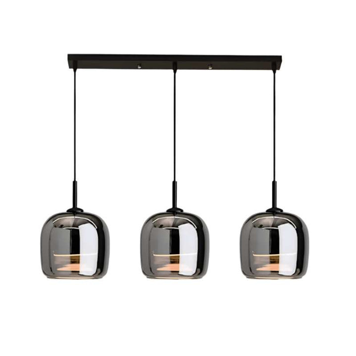 Modern pendant light with three smoked glass shades on a white background