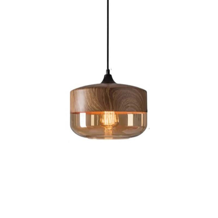 Wooden pendant light with a clear glass shade on a white background