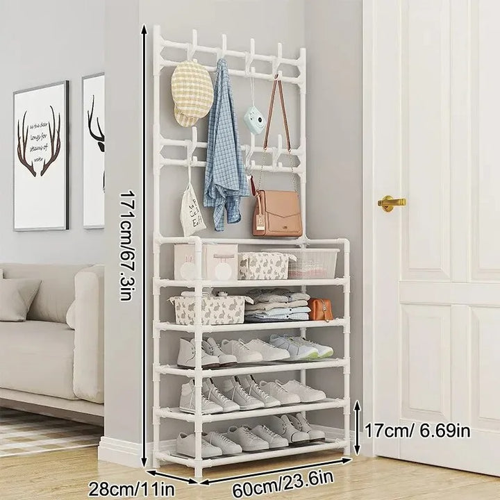 White entryway organiser with hooks and 5-tier shelves, includes hanger bar for coats and jackets, perfect for compact spaces.