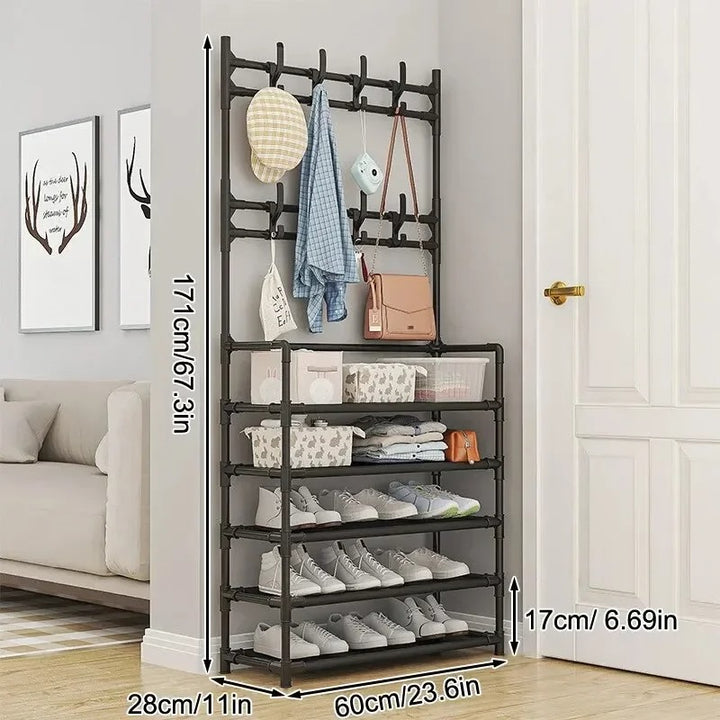 Black entryway organiser with hooks and 5-tier shelves, includes hanger bar for coats and jackets, perfect for compact  UK spaces.
