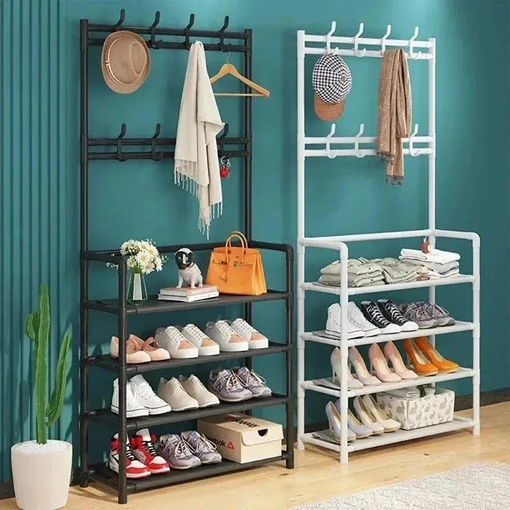 Double hallway organiser rack in black and white with hooks and shoe shelves, space-saving entry storage for modern homes.