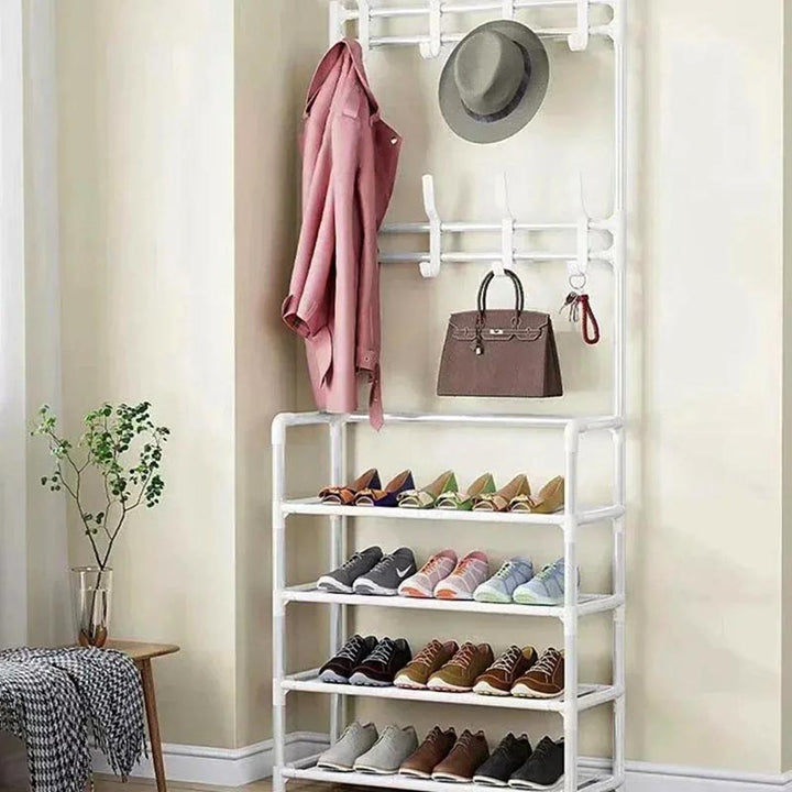 White metal entryway coat and shoe rack with hooks and shelves, compact hallway organiser for shoes, hats, and bags.
