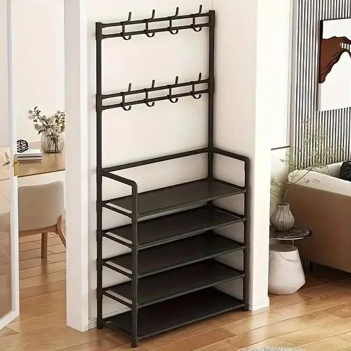 White 5-tier freestanding shoe and coat rack with hooks, shown in modern UK neutral hallway.