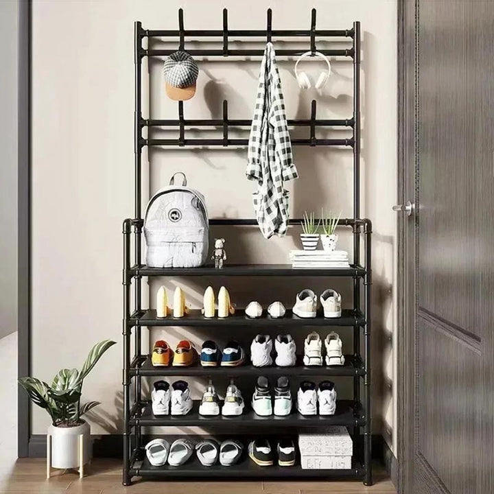 Black 5-tier freestanding hallway organiser with hooks and compact base, ideal for coats, shoes, and everyday storage.