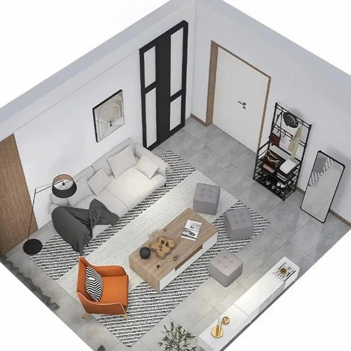 3D room layout featuring a Scandinavian living room with freestanding coat rack and shoe organiser near front door.