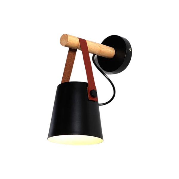 Wall-mounted lamp with black shade, wooden arm, and brown leather strap on a white background