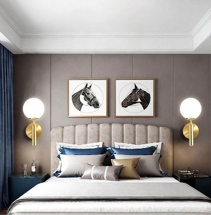 Two MAELKEBOLD modern glass ball wall lights, gold Nordic LED sconces in a bedroom