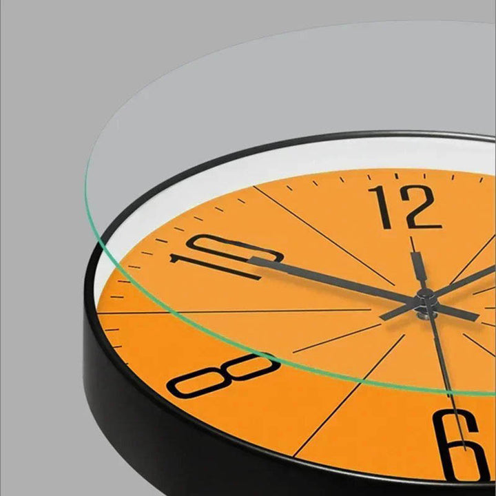  Orange Wall Clock with curved glass cover and slim profile – silent movement design for stylish modern wall décor.