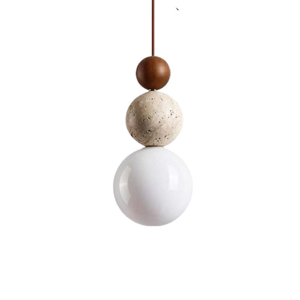 Pendant light with three spherical beads on a white background
