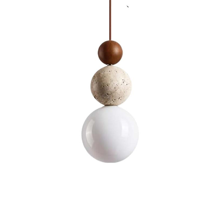 Pendant light with three spherical beads on a white background