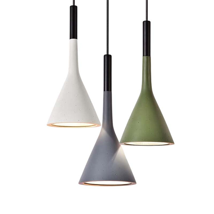 Three cone-shaped pendant lights in white, gray, and green on a white background