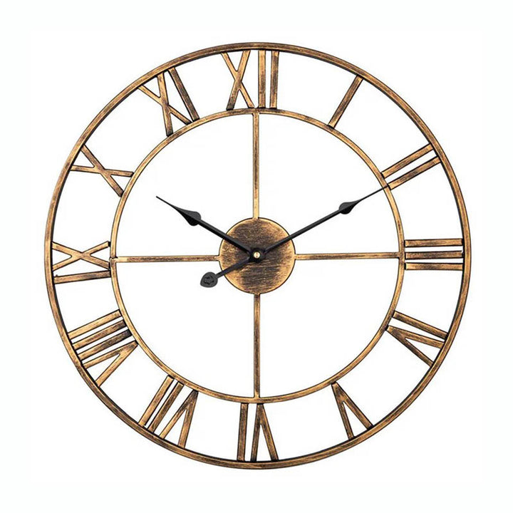 Nordic retro wall clock, large 3D metal design, gold Roman numerals, minimalist home decor.