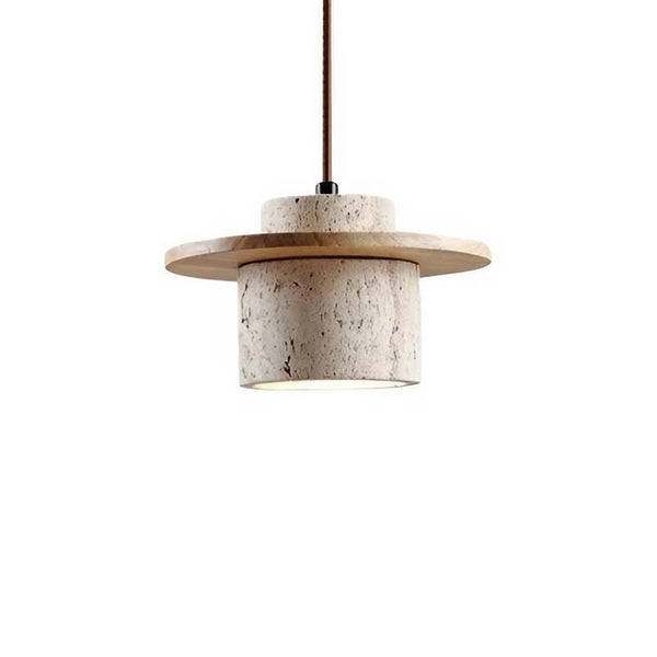 Pendant light with stone-like finish and wooden accents on a white background