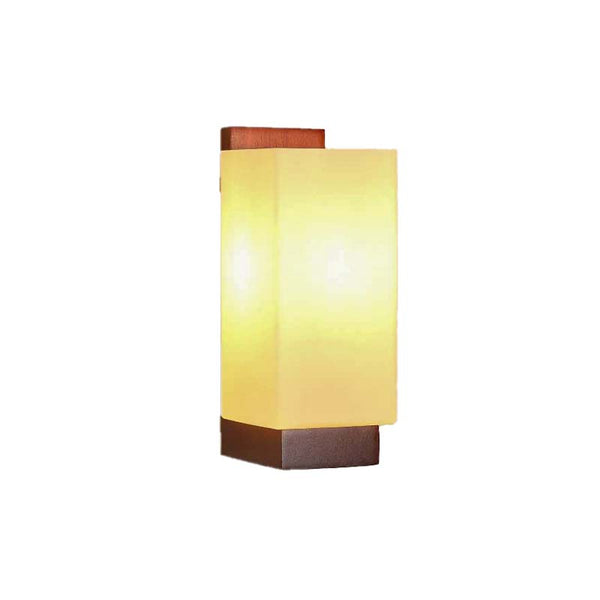 Nordic wall lamp with wooden base and yellow shade on a white background