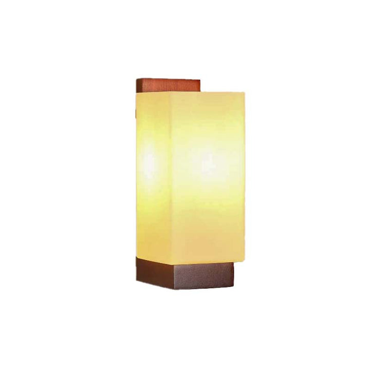 Nordic wall lamp with wooden base and yellow shade on a white background