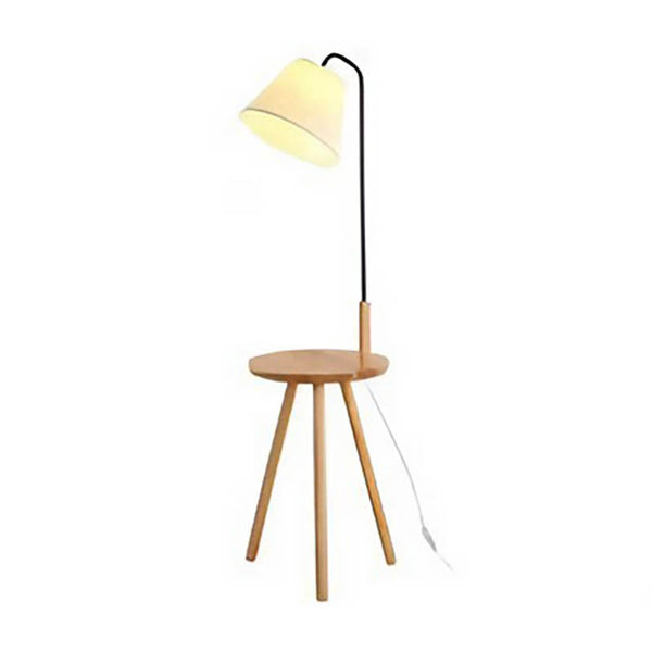 Nordic wooden floor lamp with built-in tea table, solid wood base and linen shade, minimalist Scandi design.