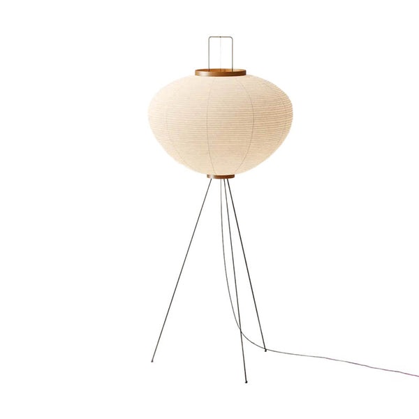 Japandi floor lamp with round rice paper shade and black tripod base—minimalist lighting for modern interiors.