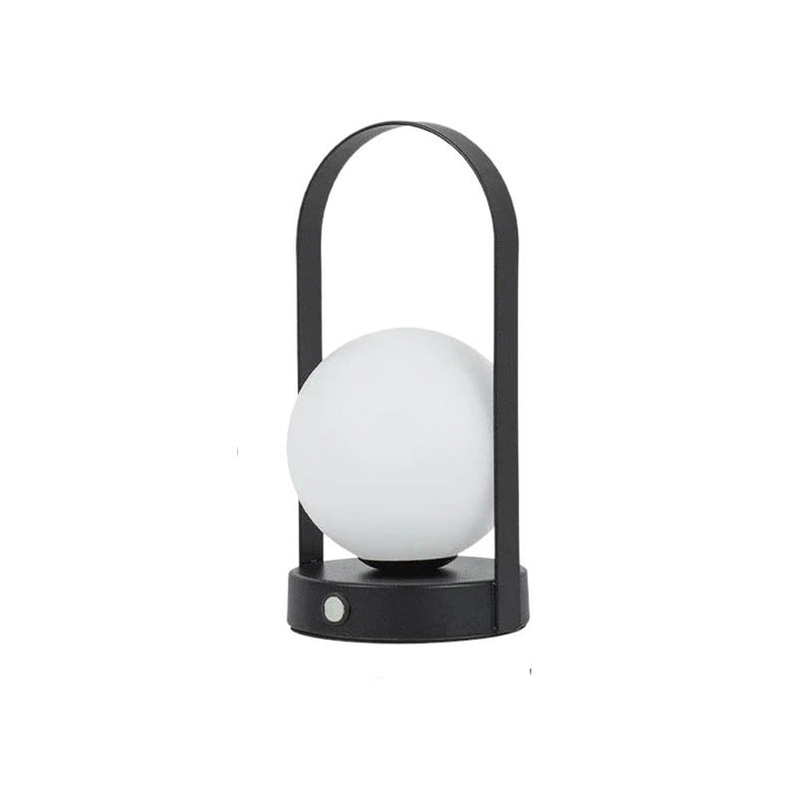 A portable LED night lamp with a black-colored metal frame and a white globe, featuring a dimmable touch control.