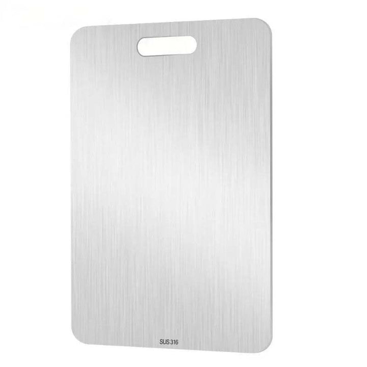Stainless steel cutting board with a handle on a white background