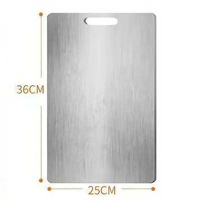 Stainless steel cutting board with dimensions indicated on a white background