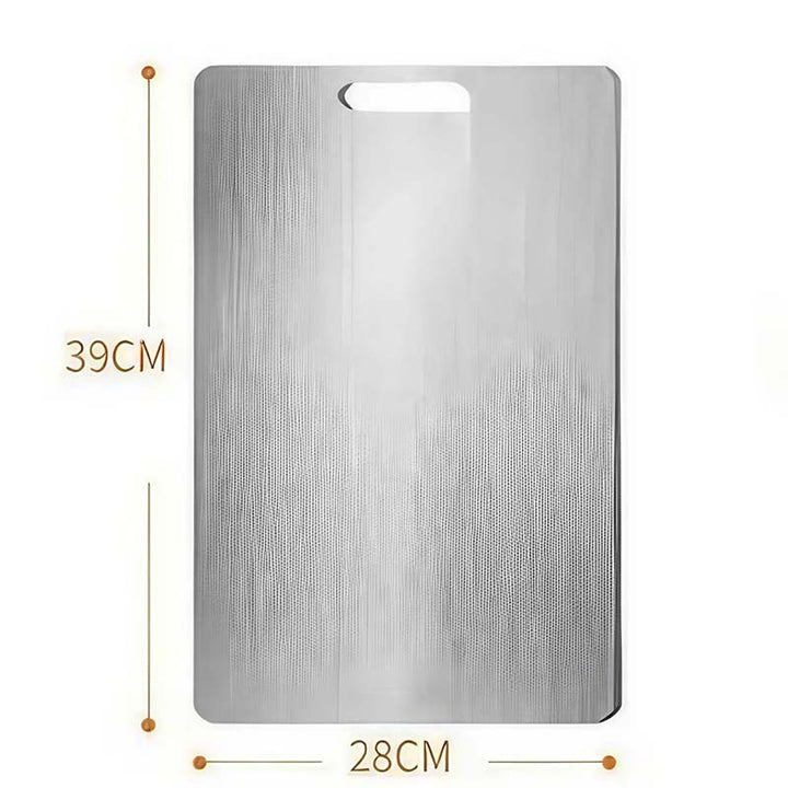 Stainless steel cutting board with dimensions indicated