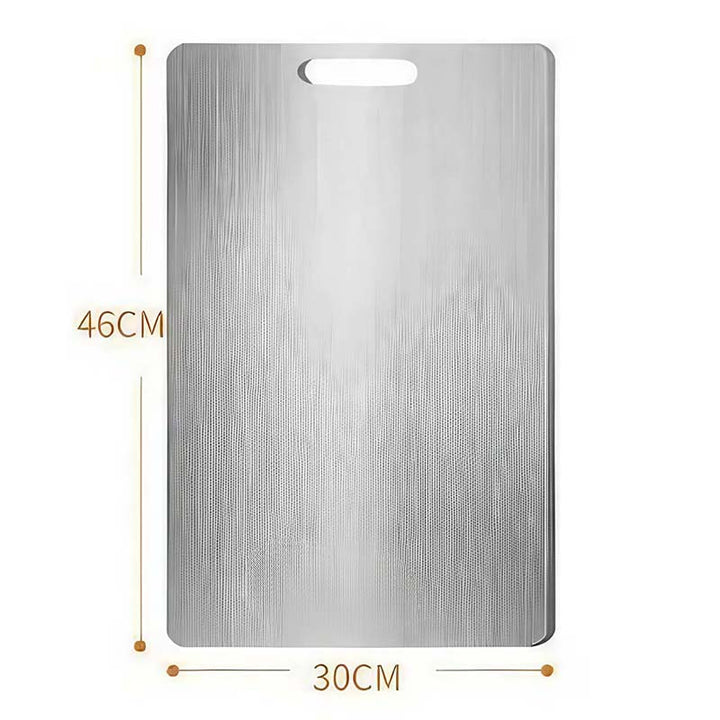 Stainless steel cutting board with dimensions indicated on a white background