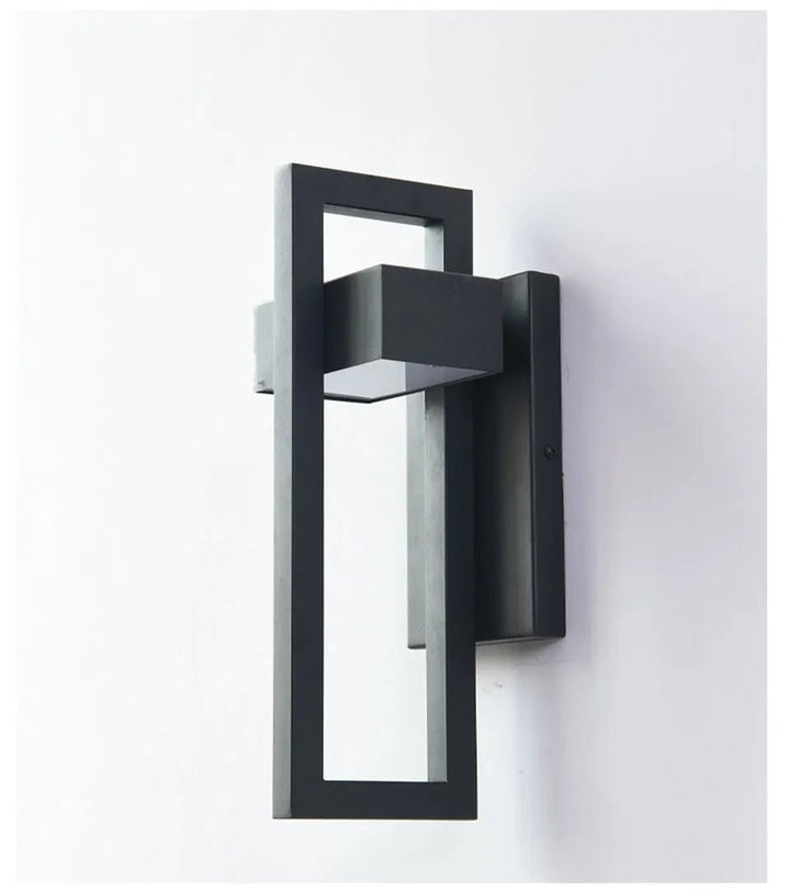 Modern black outdoor LED wall light with waterproof rectangular frame, minimalist design for garden or patio use