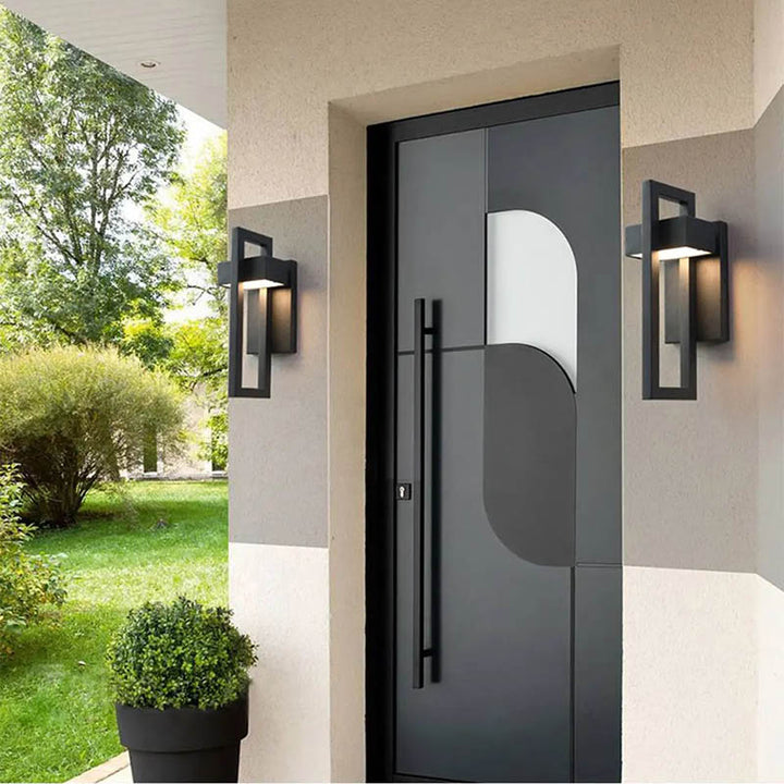 Modern black outdoor wall light with rectangular frame, waterproof aluminium, warm LED, ideal for UK garden or porch use