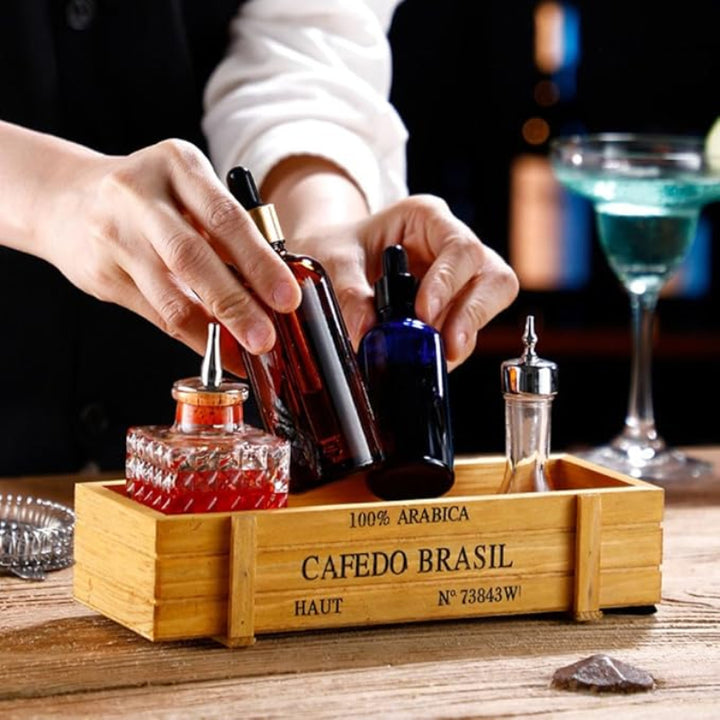 Rustic wood planter box used as decorative storage for trinkets and stationery