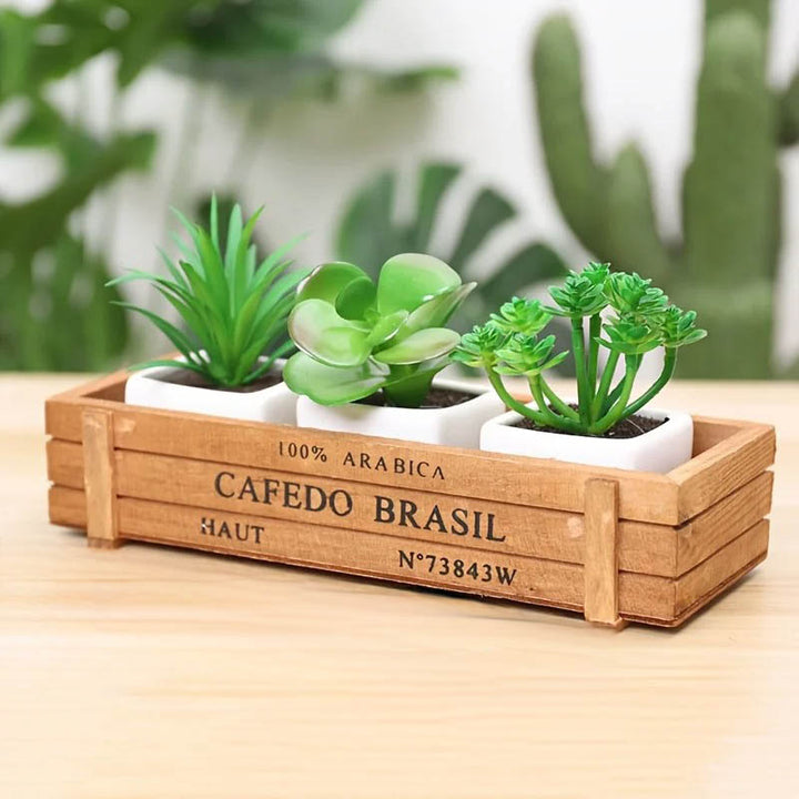 Retro 8-inch wooden planter box with white ceramic pots and lifelike green succulents, rustic home or office tabletop decor