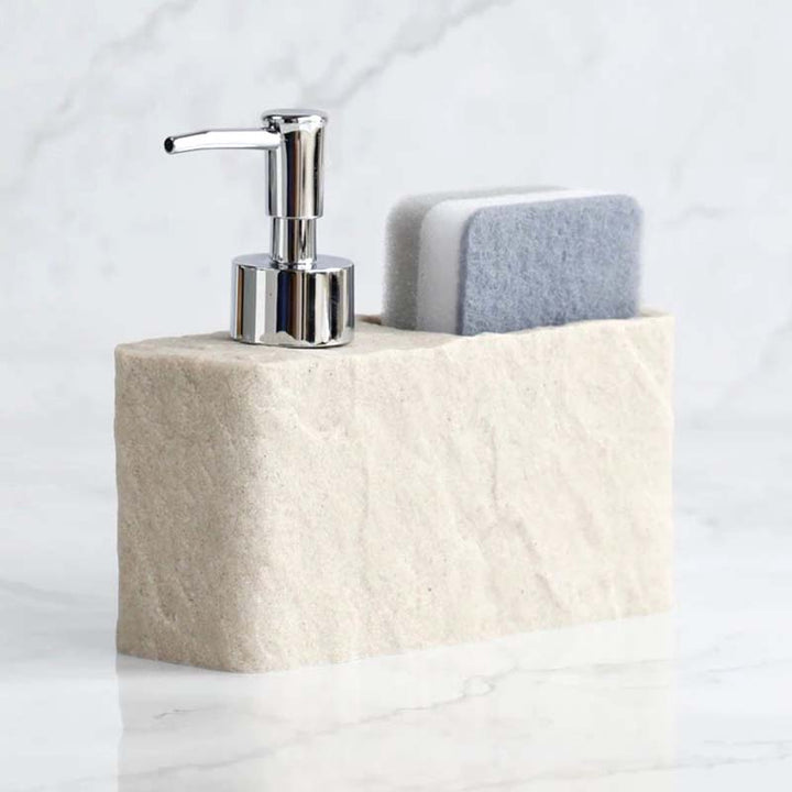Soap dispenser on a textured beige stand with a white background