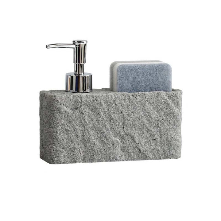 Grey stone soap holder with pump and sponge on a white background