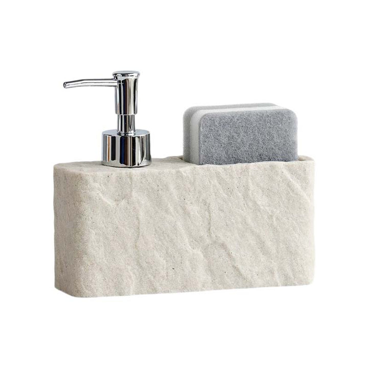 Soap dispenser with sponge holder on a stone base against a white background