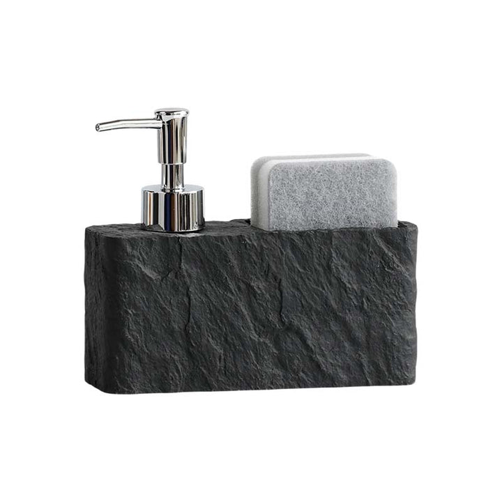 Sleek soap dispenser and towel holder set on a white background