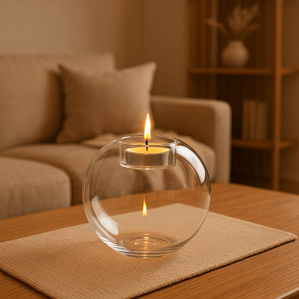 Transparent glass tealight holder on wooden table in modern uk living room interior