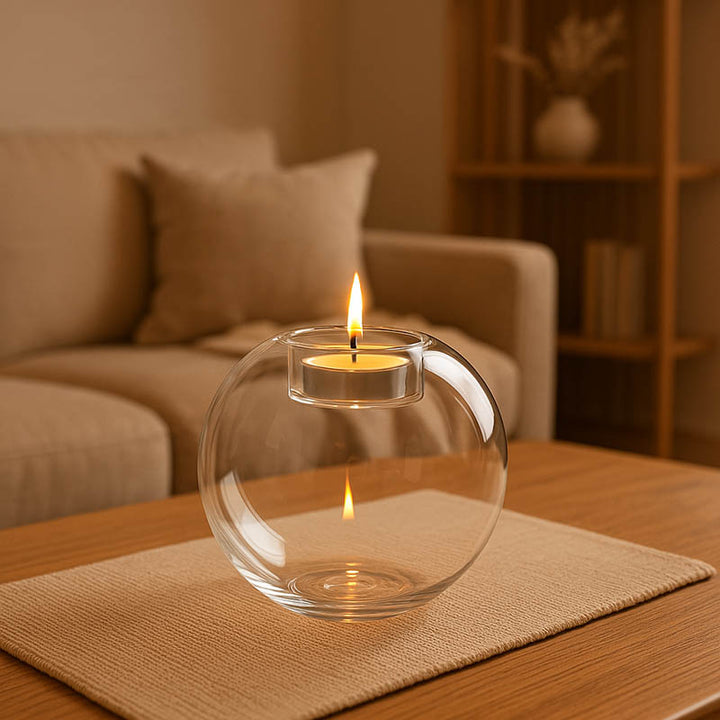 Transparent glass tealight holder on wooden table in modern uk living room interior
