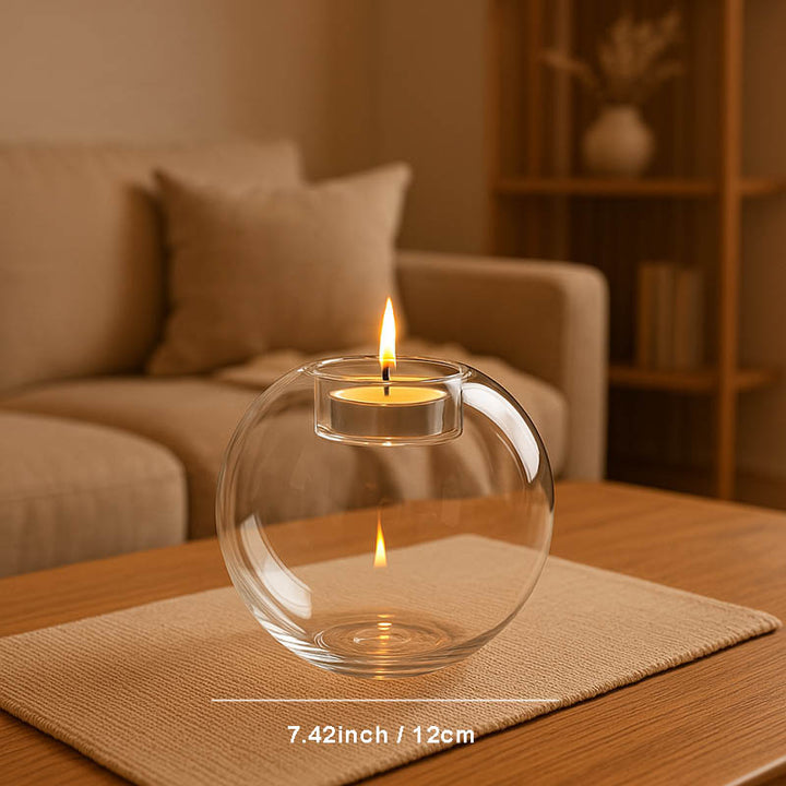 Transparent 7inch glass tealight holder on wooden table in modern Japandi living room interior