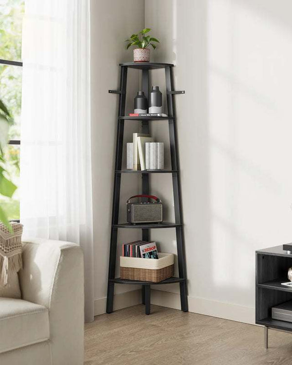 5-tier rustic Scandinavian corner shelf styled in bright living room with plant, books, radio, and basket