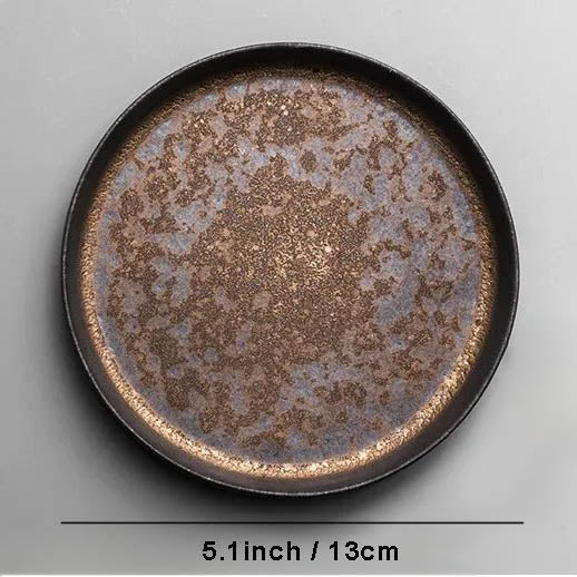 Vintage-style ceramic tea saucer, 13cm, dark earth-toned glaze, matching Rustic Ceramic Tea Cup Set