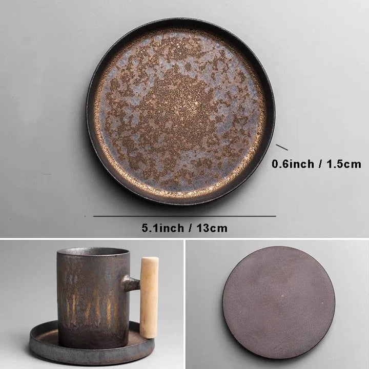 Rustic ceramic tea saucer, 13cm diameter, 1.5cm height, dark brown speckled glaze, ideal for tea cup set